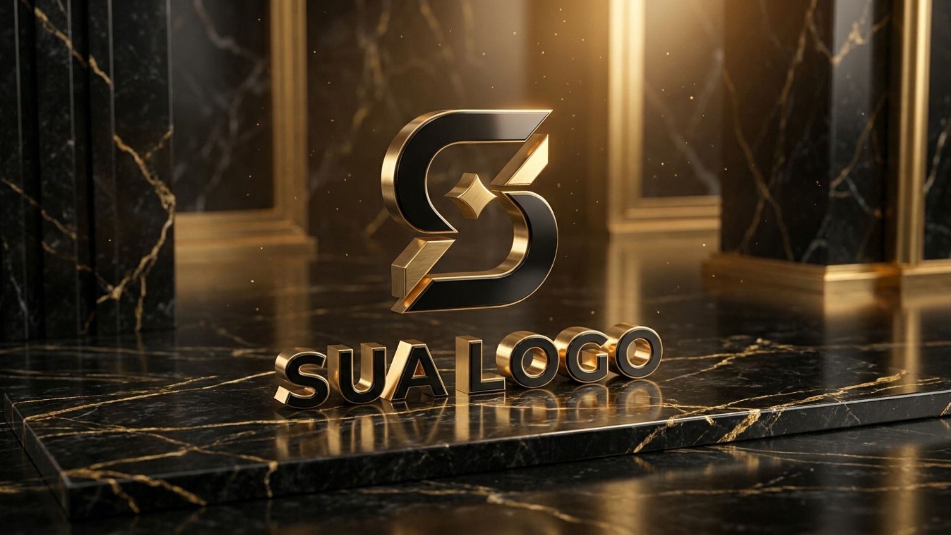 Logomarca em cenário de luxo com ouro e mármore