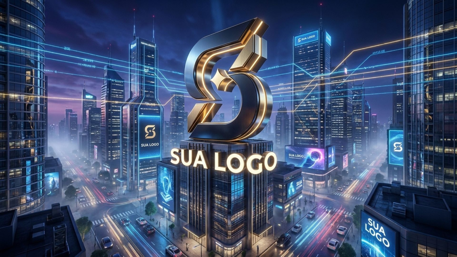 Logomarca em cidade futurista