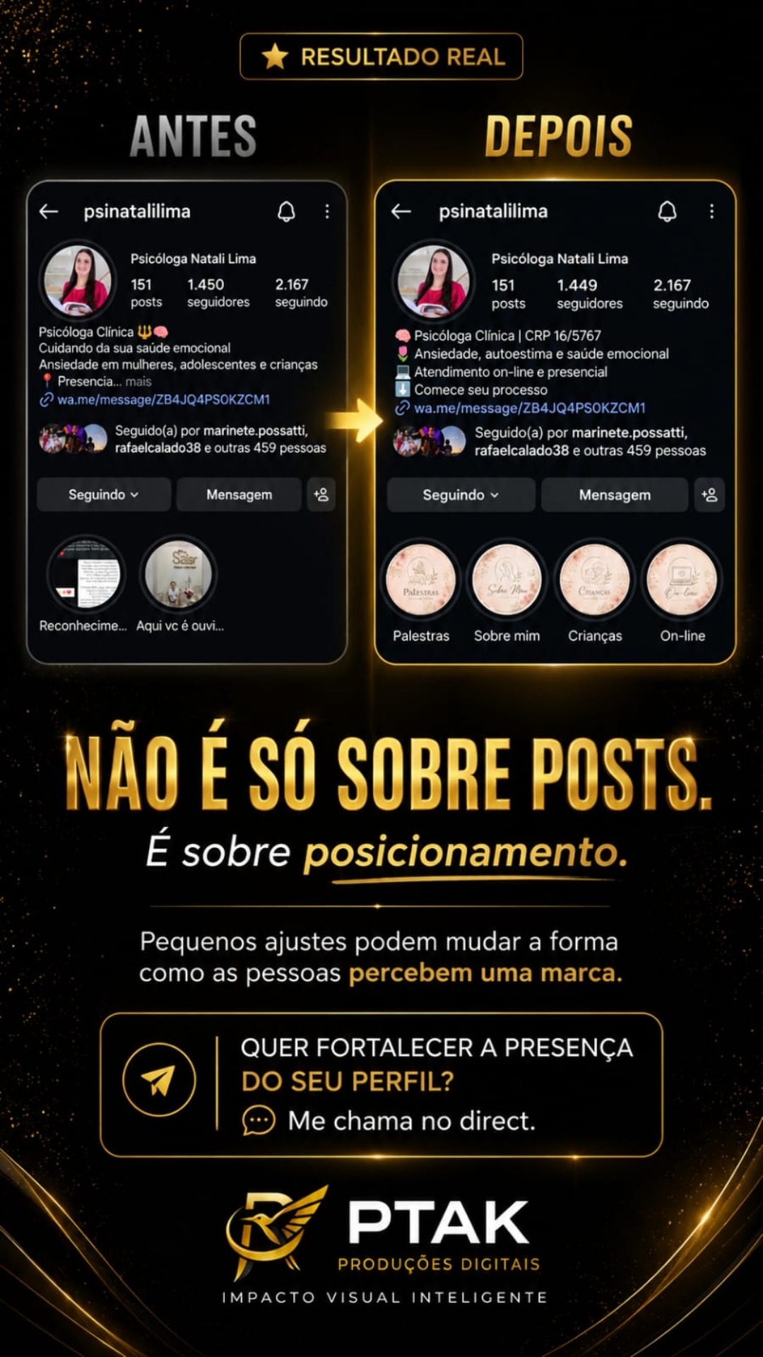 Antes e depois de perfil profissional